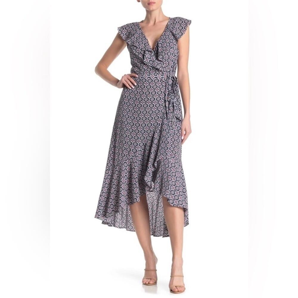 NWT Max Studio Printed Ruffled Wrap Belted Midi Dress Blue Size S